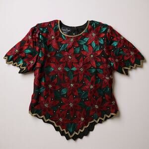 Laurence Kazar Silk Beaded Sequin Poinsettia Christmas Blouse Ladies Silk XL